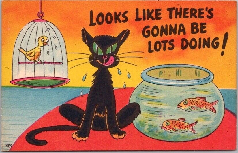 c1950s Comic Postcard Black Cat / Bird in Cage / Goldfish - Colourpicture Linen