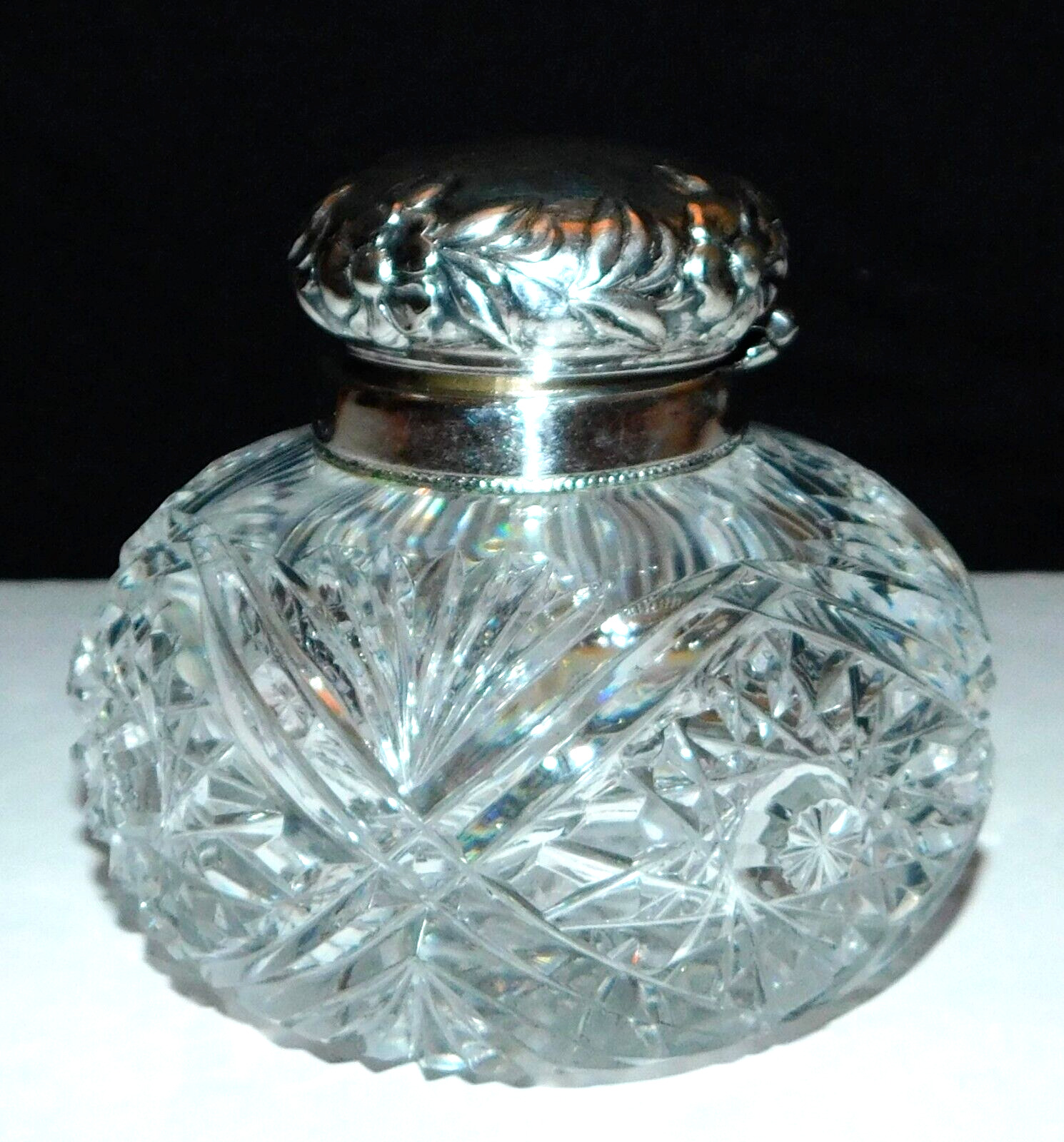 Vintage Antique Hobstar Cut Glass Inkwell ? with Silver Plated Lid
