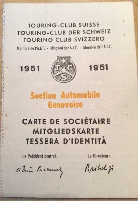 1951 Touring-Club Suisse, Membership card, w/ stamp, US ex-patriot diplomat