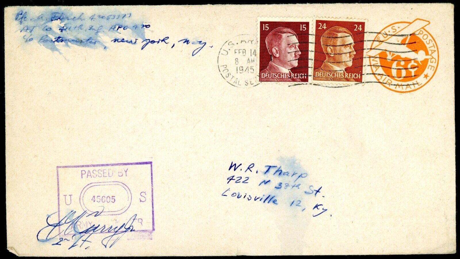 UNUSUAL 1945 US ARMY POSTAL SERVICE CANCEL ON 2 WWII GERMAN STAMPS CENSORED APO