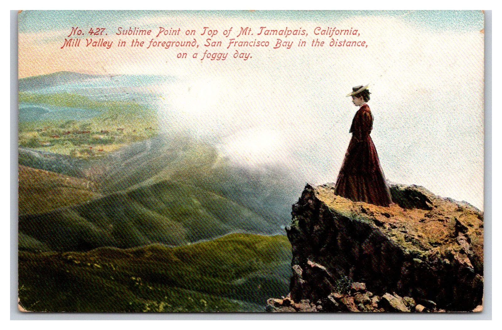 WOMAN ON SUBLIME POINT MT. TAMALPAIS MILL VALLEY CA CALIFORNIA POSTCARD 1910S