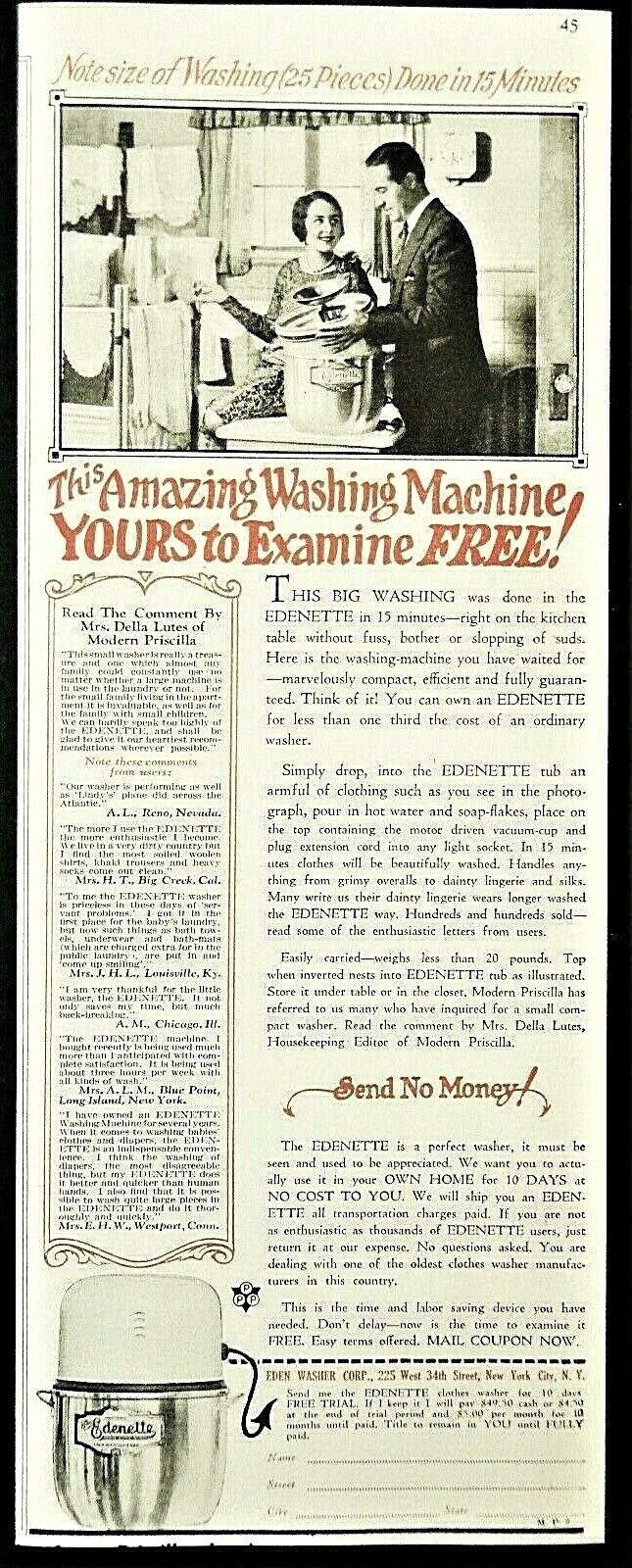 Antique washing machine ad vintage 1928 original Edenette washer advertisement