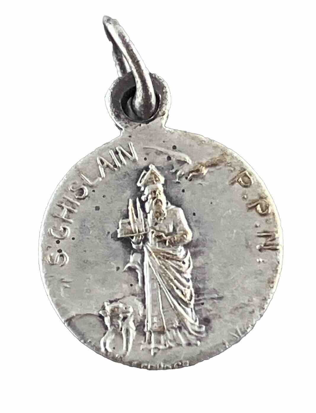 Vintage Catholic Saint Ghislain Petite Silver Tone Religious Medal