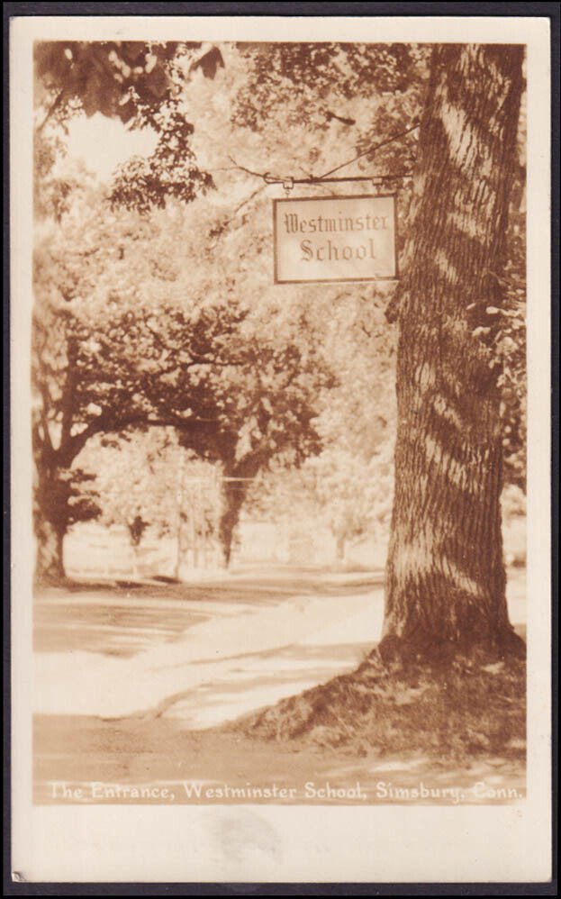 The Entrance Sign on tree Westminster School Simsbury CT RPPC postcard 1937