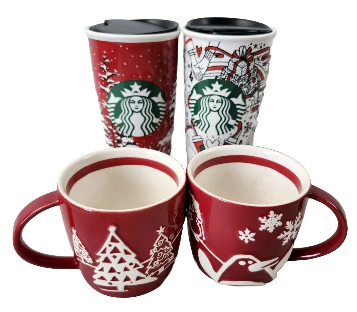 Lot of 4 Holiday Christmas Starbucks Ceramic Mugs & Tumblers New & Used