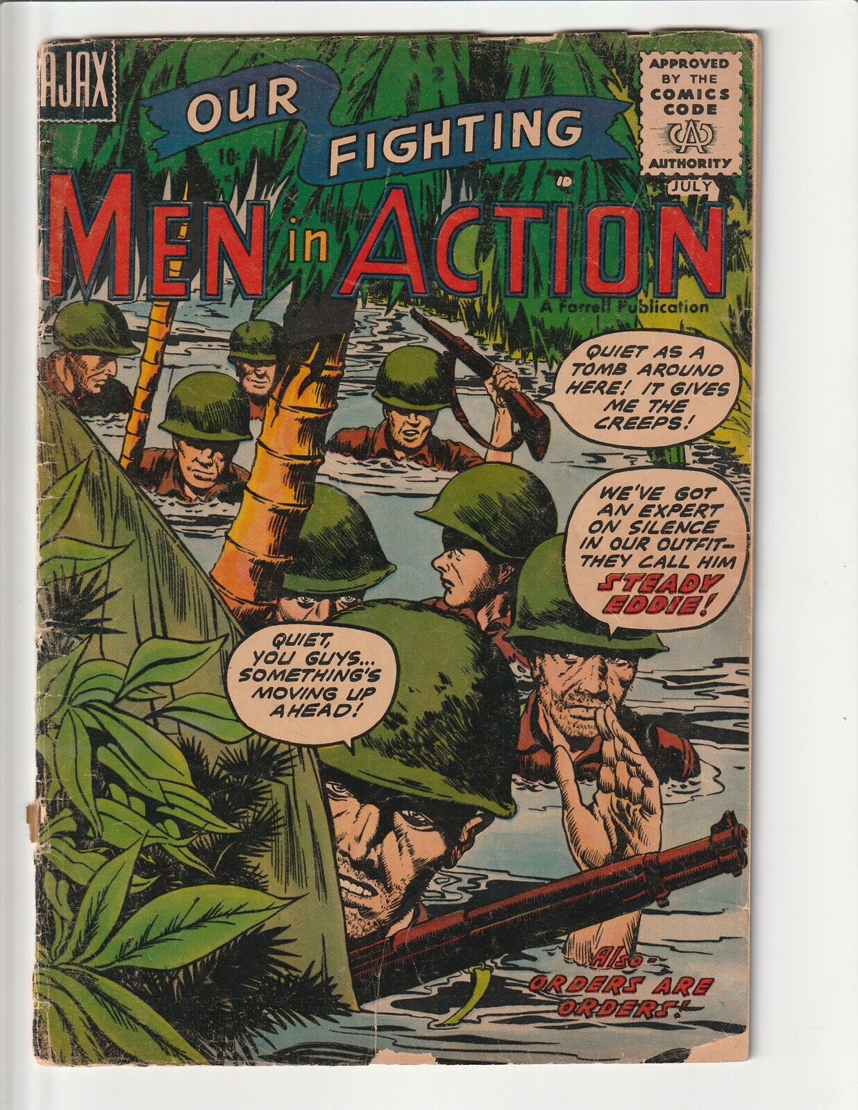 OUR FIGHTING MEN IN ACTION #2  Nice GD+ STEADY EDDIE Farrell AJAX WWII 1957 HTF