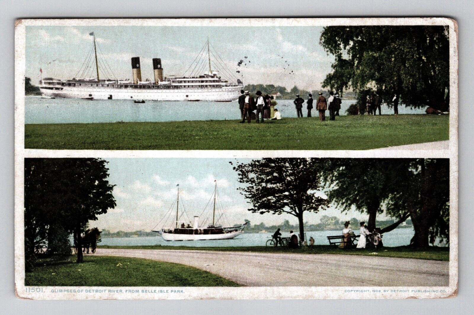 Postcard 1910 MI Ship Boat Detroit River Belle Island Park Split View Michigan