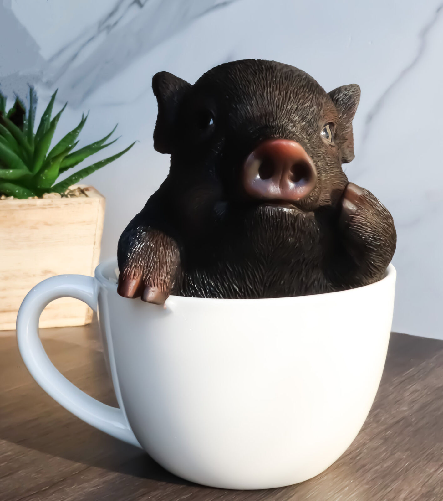 Rustic Lifelike Black Pig Piggy In Tea Cup Figurine Animal Farm Pigs Swine Decor