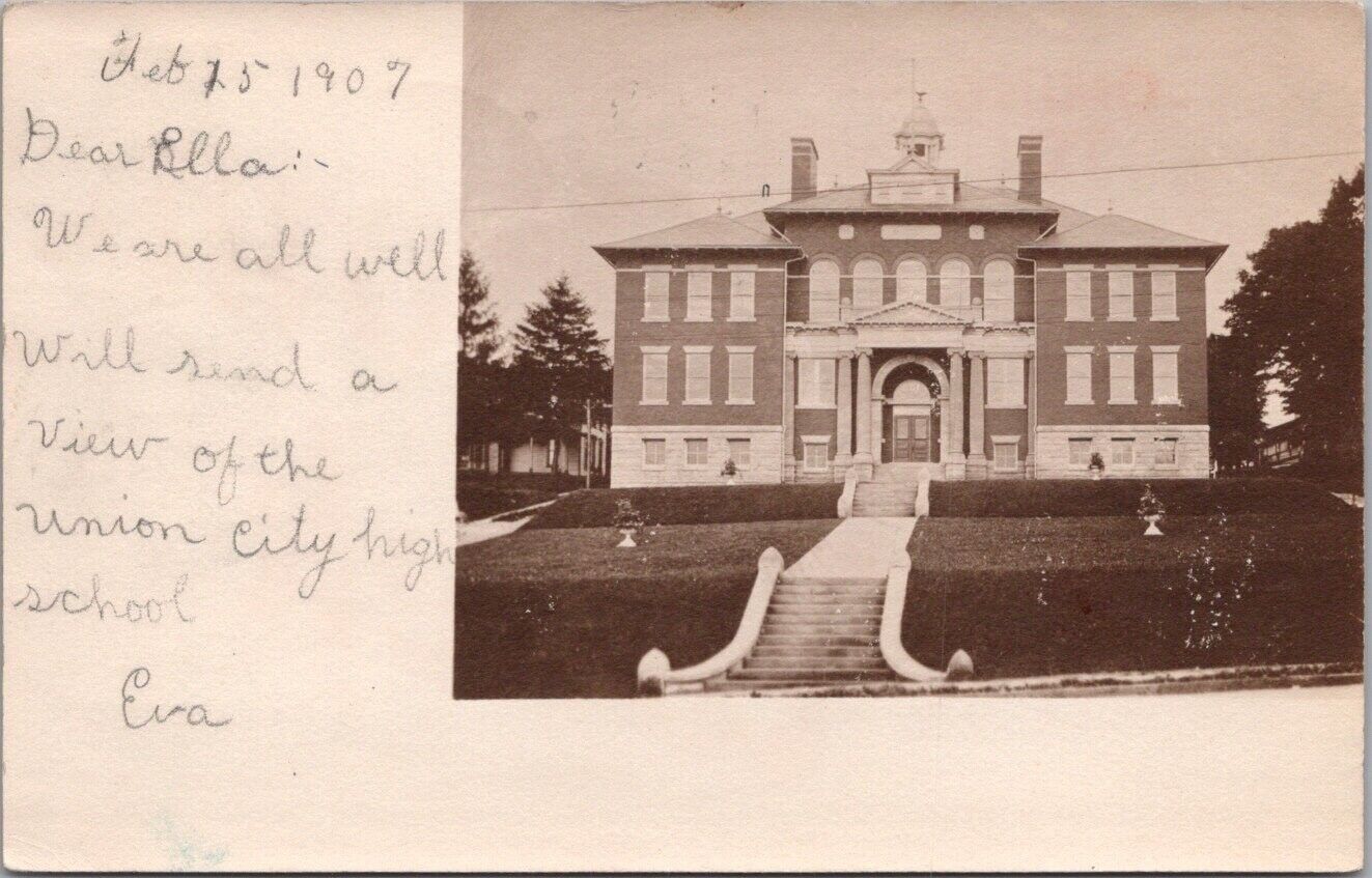 Vintage UNION CITY Pennsylvania RPC Real Photo Postcard HIGH SCHOOL 1907 Cancel