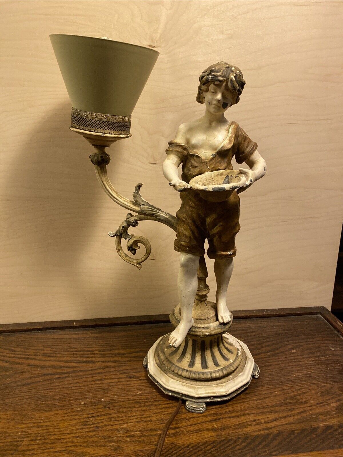 Vintage Porcelain Pastoral French Lamp Cast Iron Farmer Boy Working Order 1958