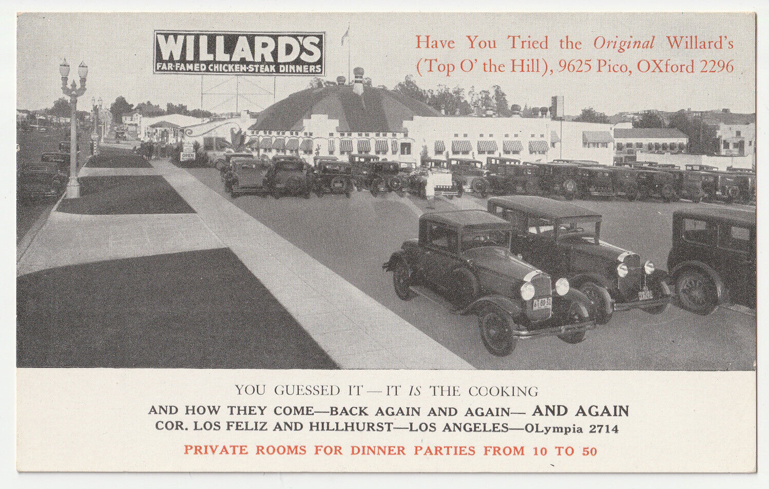 c1920s~Willards Chicken Restaurant~Los Angeles California CA~VTG Advertisement