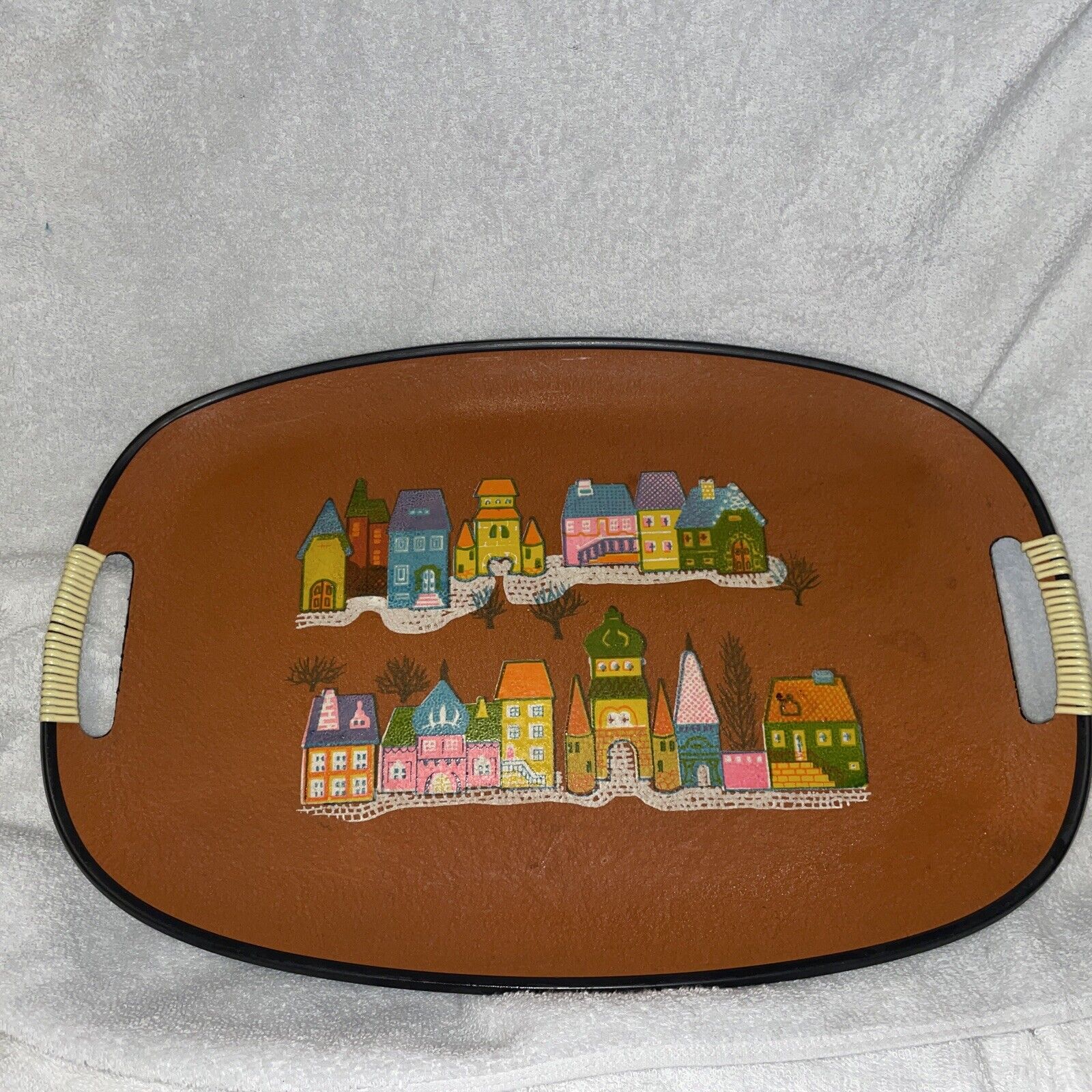 Vintage MCM Decorative Tray Colorful Houses Nevco Made In Japan 