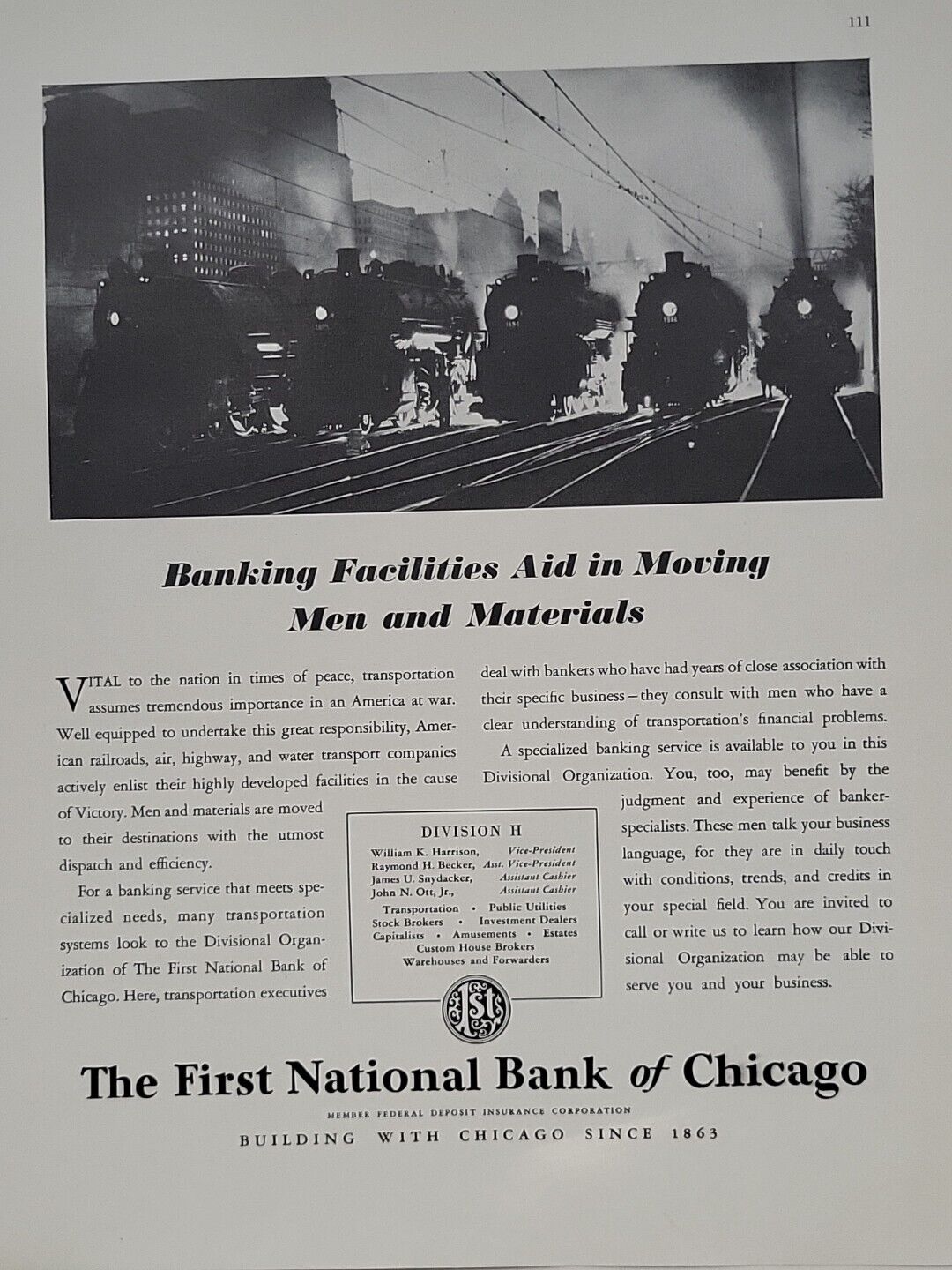 1942 First National Bank of Chicago  Fortune WW2 Print Ad Q3 Trains