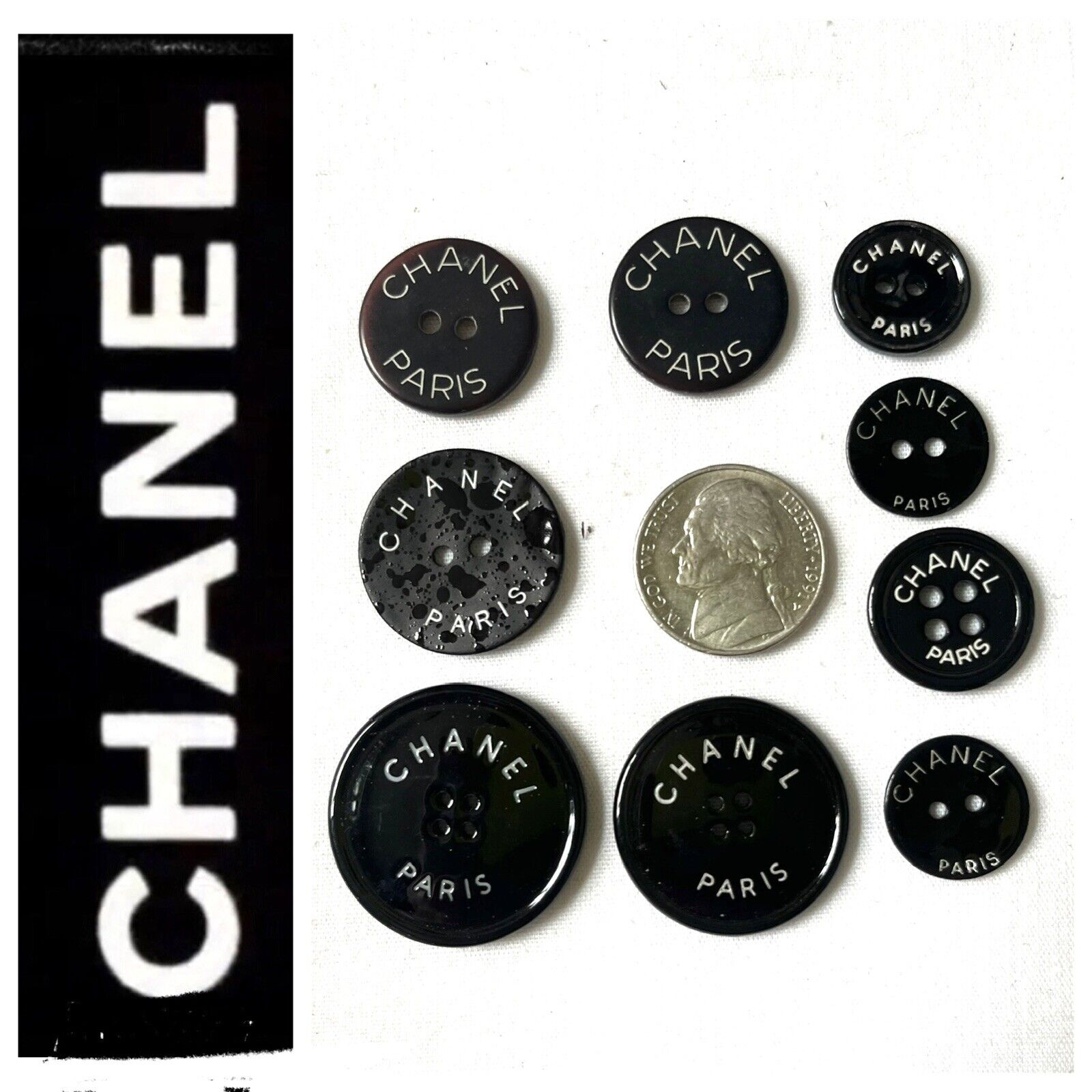 Lot Of 9 Authentic Chanel Buttons Black lettering, CHANEL PAIRS MIX SIZE
