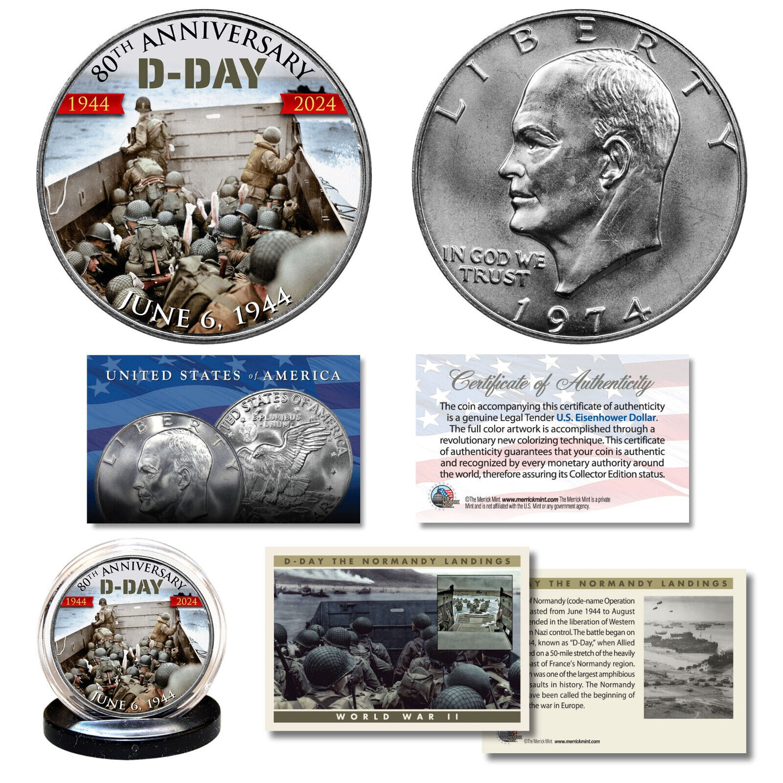 WWII D-DAY Normandy 80th Anniversary 1944-2024 IKE U.S. $1 Coin & Trading Card
