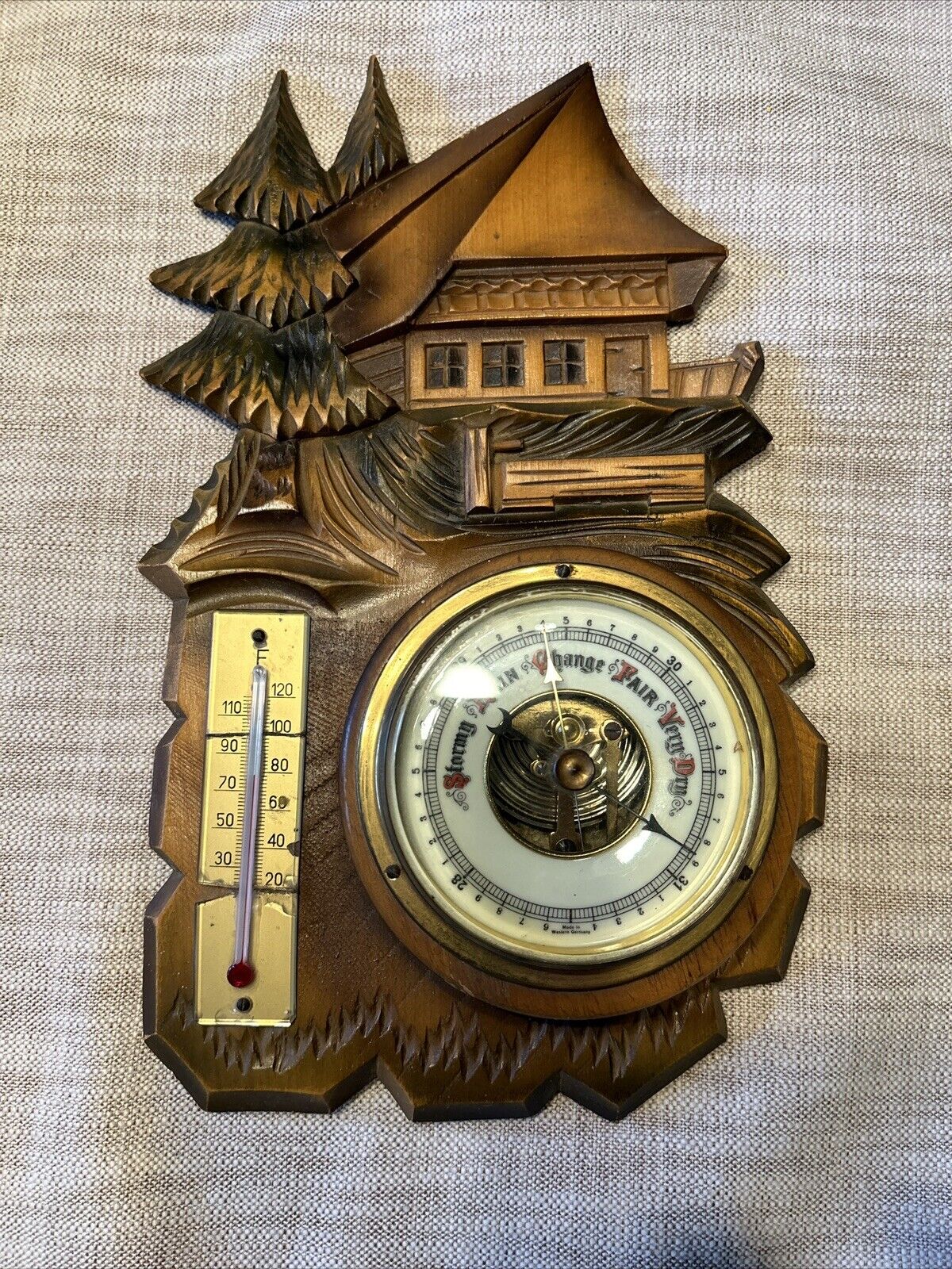 Vintage Wall Hanging Barometer Weather Indicator Forecaster West Germany Carved
