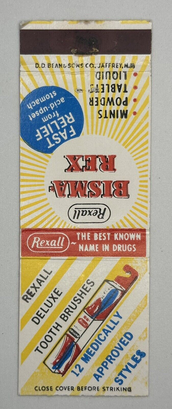 Vintage Matchbook Cover / Rexall Toothbrush / Bisma Rex / Advertisement
