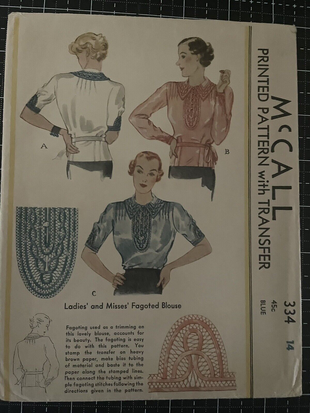 Vintage McCall 1936Ladies & Misses Fagoted Blouse Sewing Pattern #334