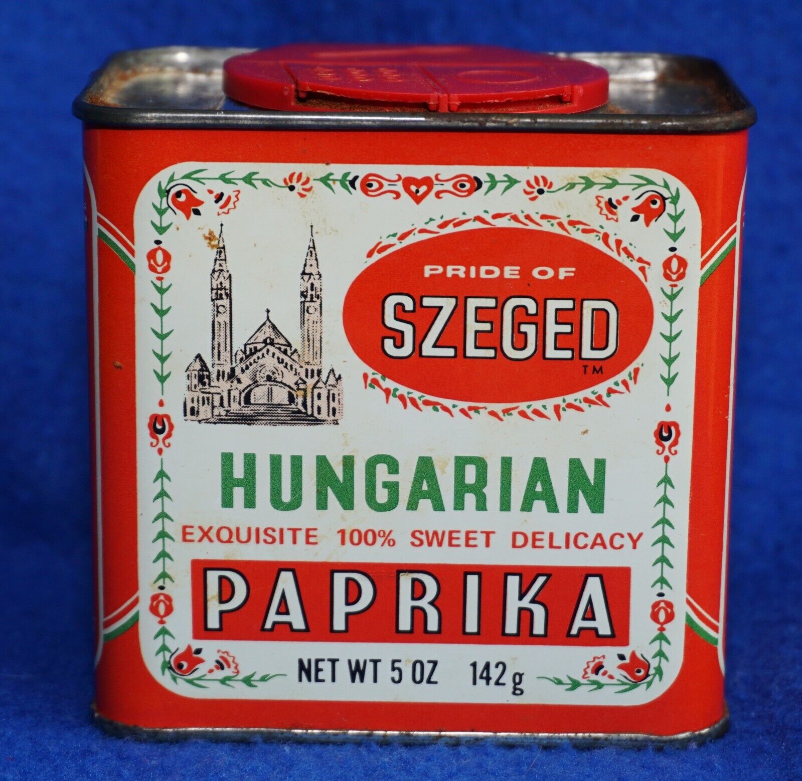 Vintage SZEGED Hungarian Paprika Tin, 5 Oz., Original Purchase Label, Empty