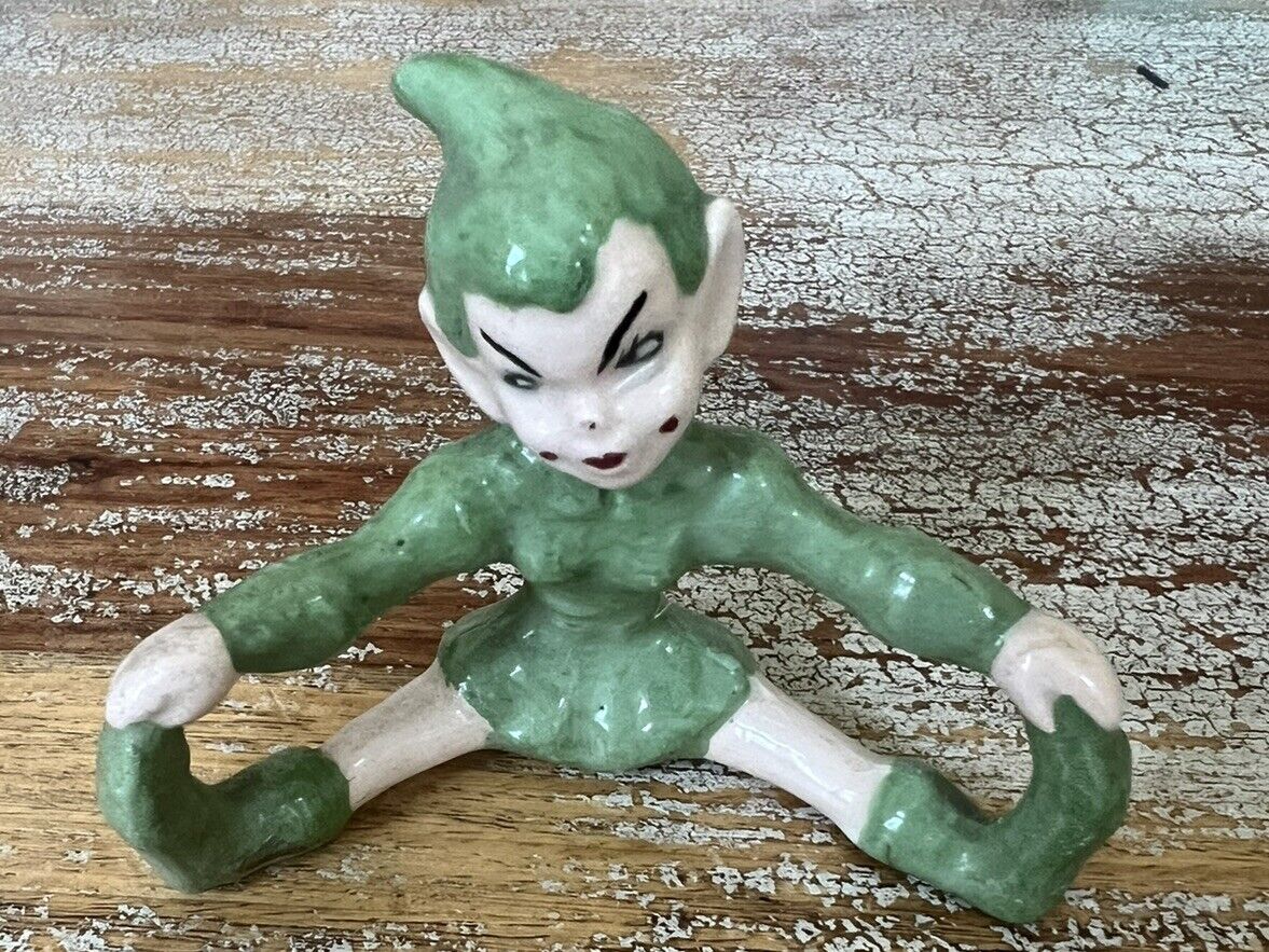 Vintage Green Ceramic Pixie Elf Figurine Sitting Legs Open