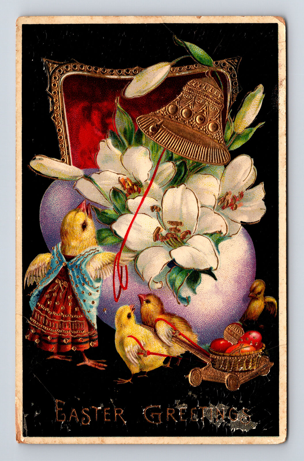 c1912 BAMFORTH Gel Coated Easter Chicks Flowers Eggs Gilded Kimbal KS Postcard