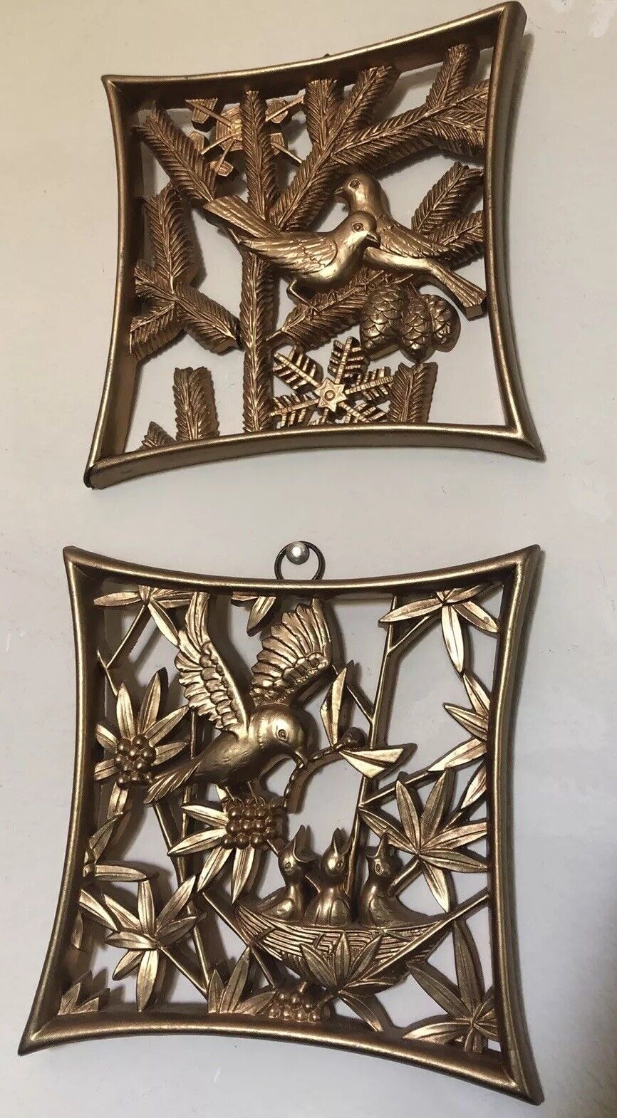 Vintage Burwood Products MCM Birds Butterflies Gold Set 2 wall Hangings Plaques