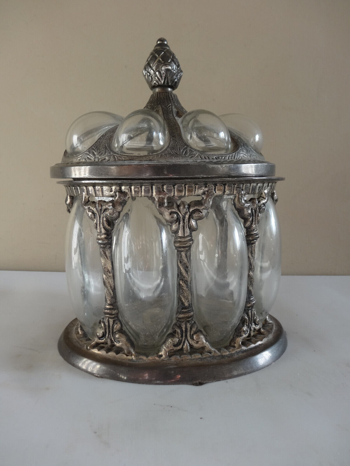 Vintage Baroque Brass & Hand Blow Bubble Glass Apothecary Jar with Lid 9\