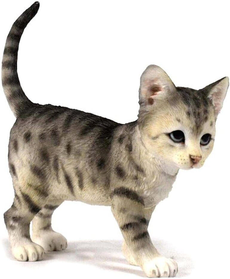 5 Inch Gray Tabby Cat Kitten Lifelike With Tail Raised Statue Figurine 75618