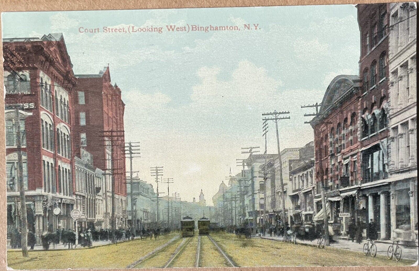 1911 Binghamton NY, Court Street, West, Trolleys, Broome County, Postcard