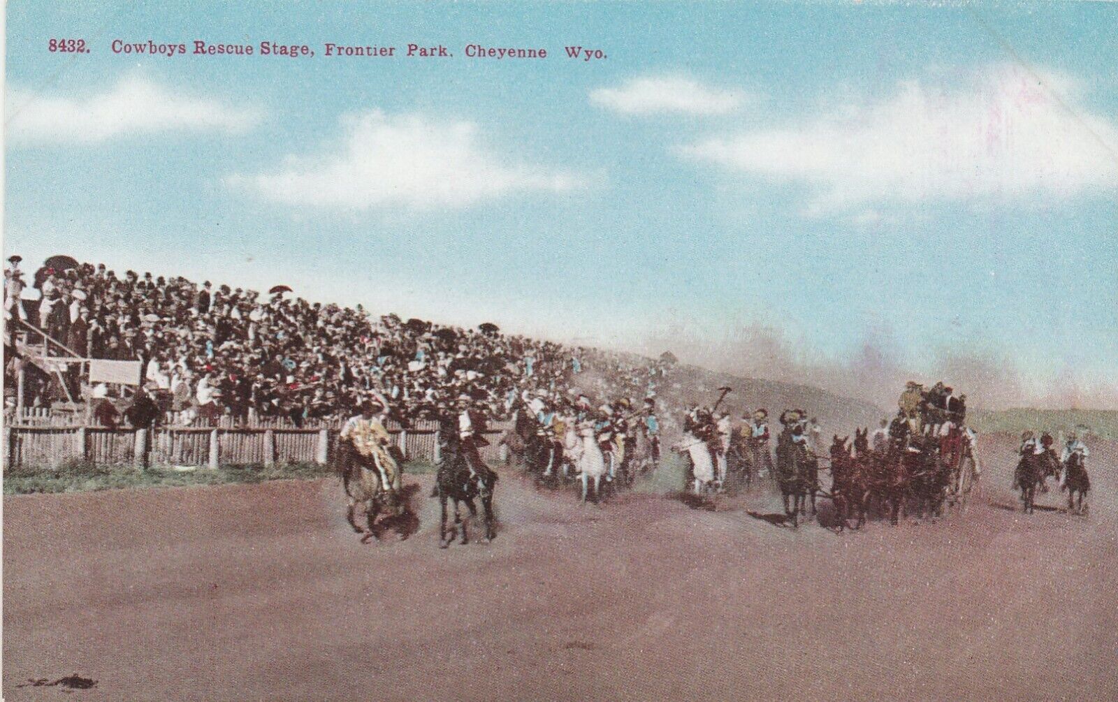 Cowboys Rescue Stage  (reverse has Cheyenne Frontier Days ad) c1910 Postcard