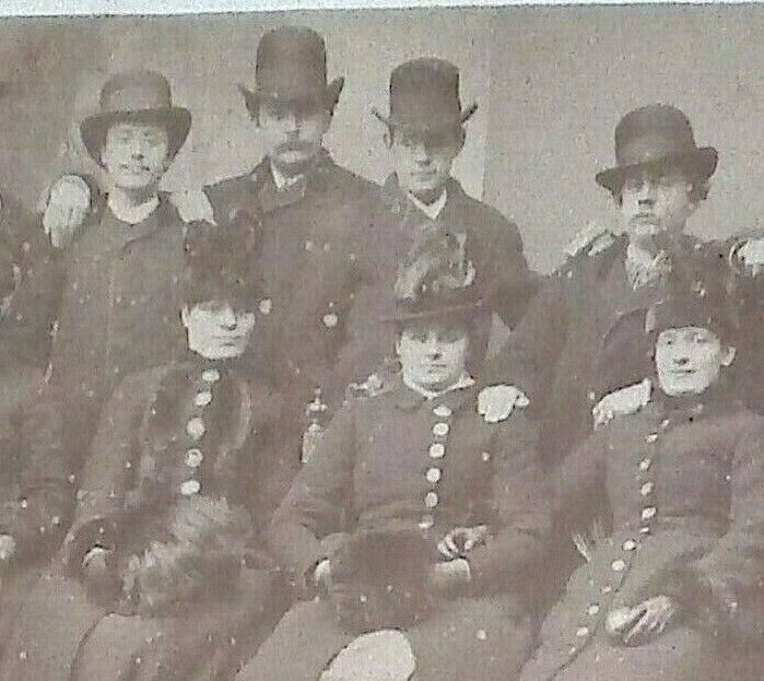 C.1880s Cabinet Card. Large Group Beautiful Women. Men. Fur Hand Muffs. Top Hats