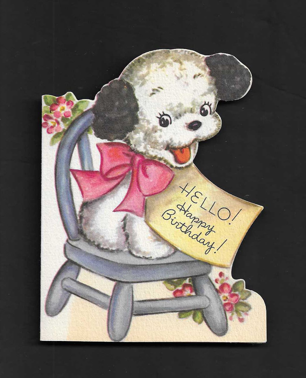 vintage 1948 Rust Greeting HELLO BIRTHDAY Card ribbon Puppy Dog at Chair