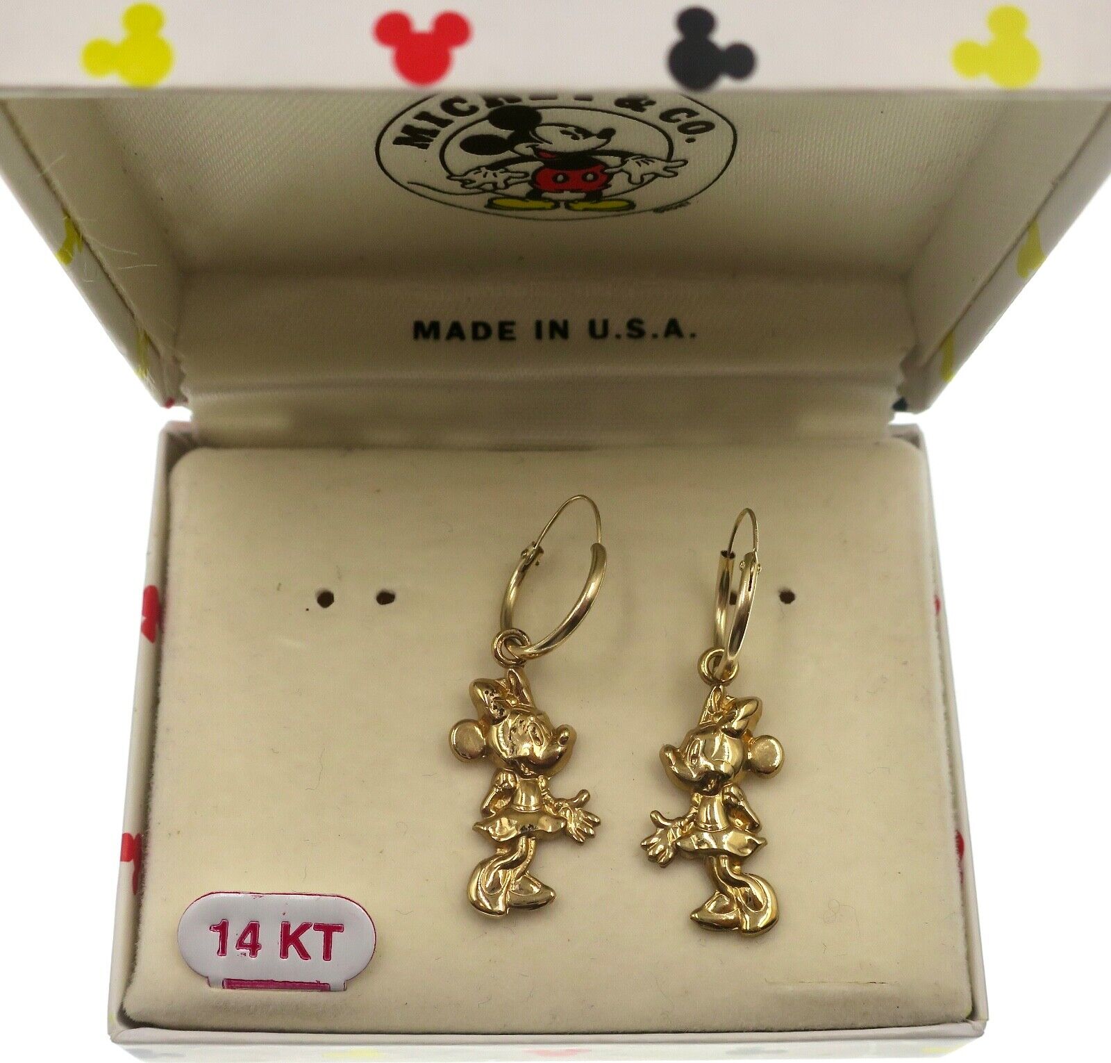 14k Yellow Gold Vintage Disney Minnie Mouse Dangle Hoop Earrings in Original Box