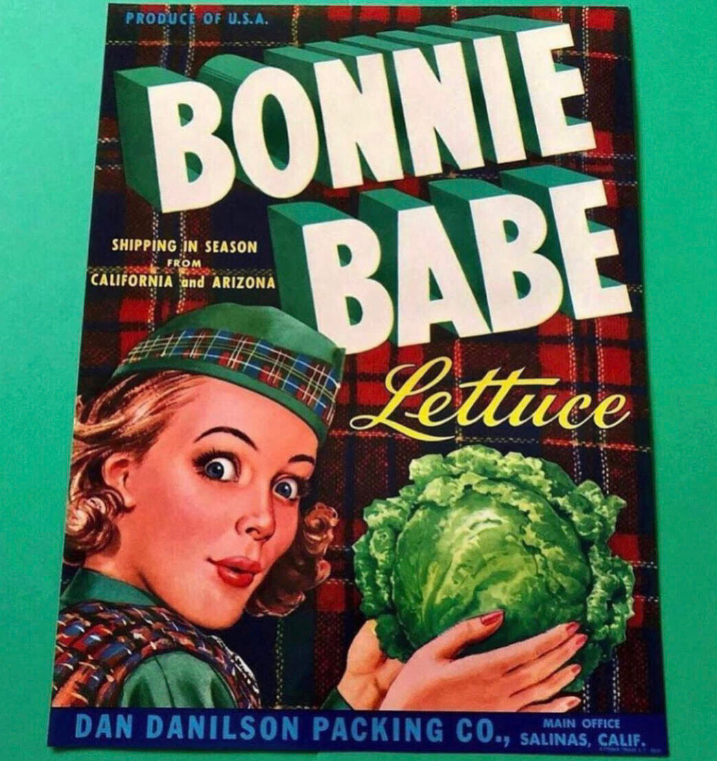 NOS Authentic Vintage Bonnie Babe Lettuce Crate Label Salinas CA