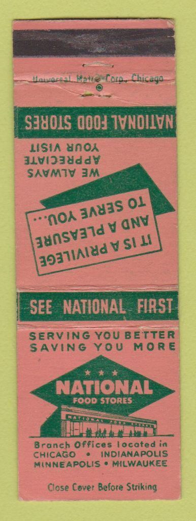 Matchbook Cover National Food Stores Grocery Chicago Indianapolis Milwaukee WEAR