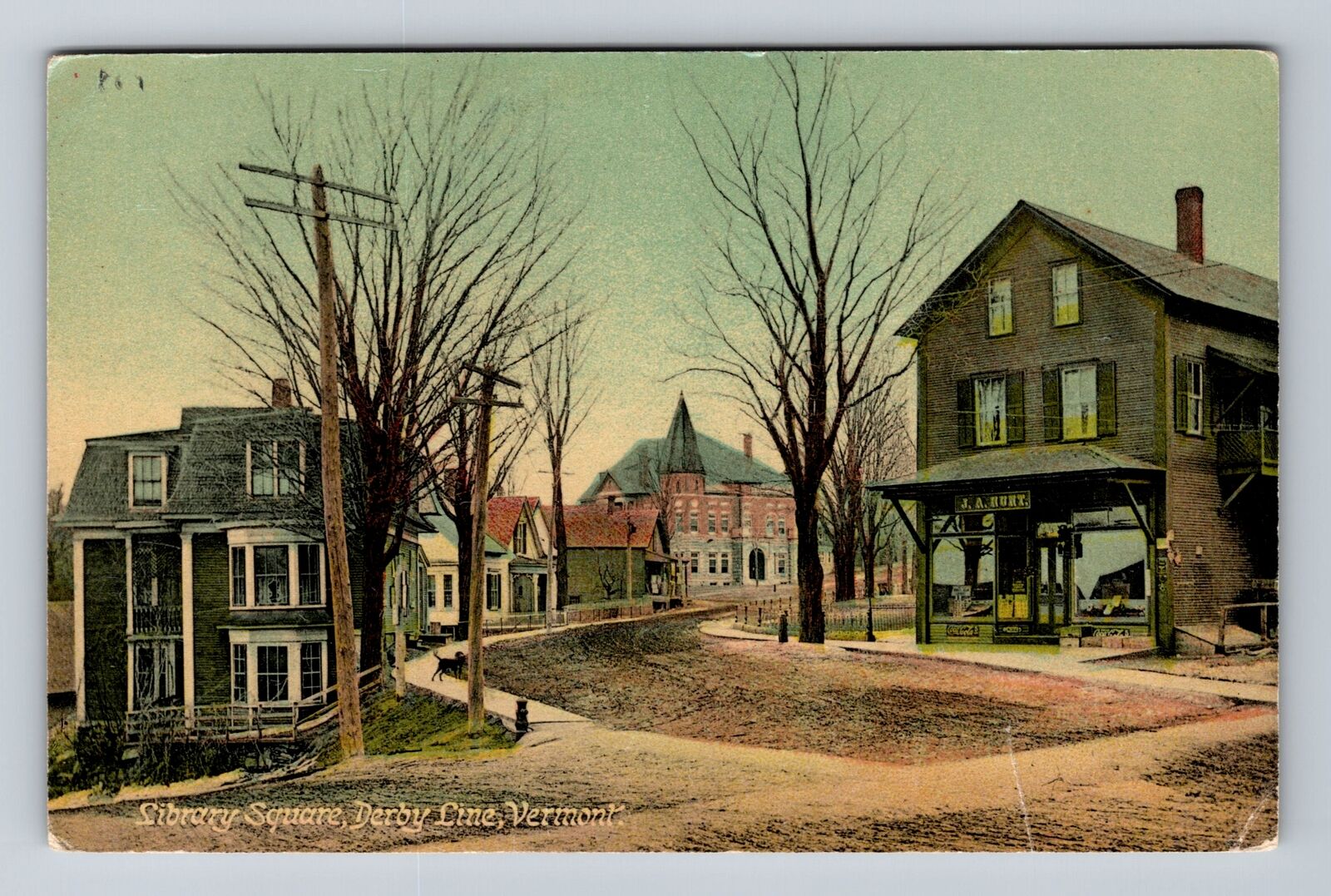 Derby Line VT-Vermont, Library Square, Residences, Antique, Vintage Postcard