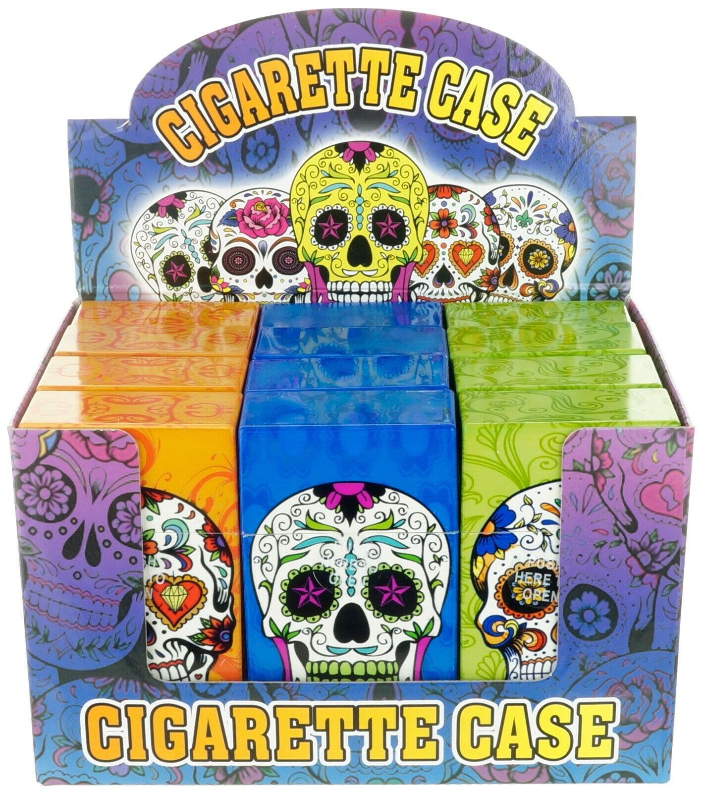(12)  100\' Size Push-to-Open Plastic Cigarette Case Candy Skull Design
