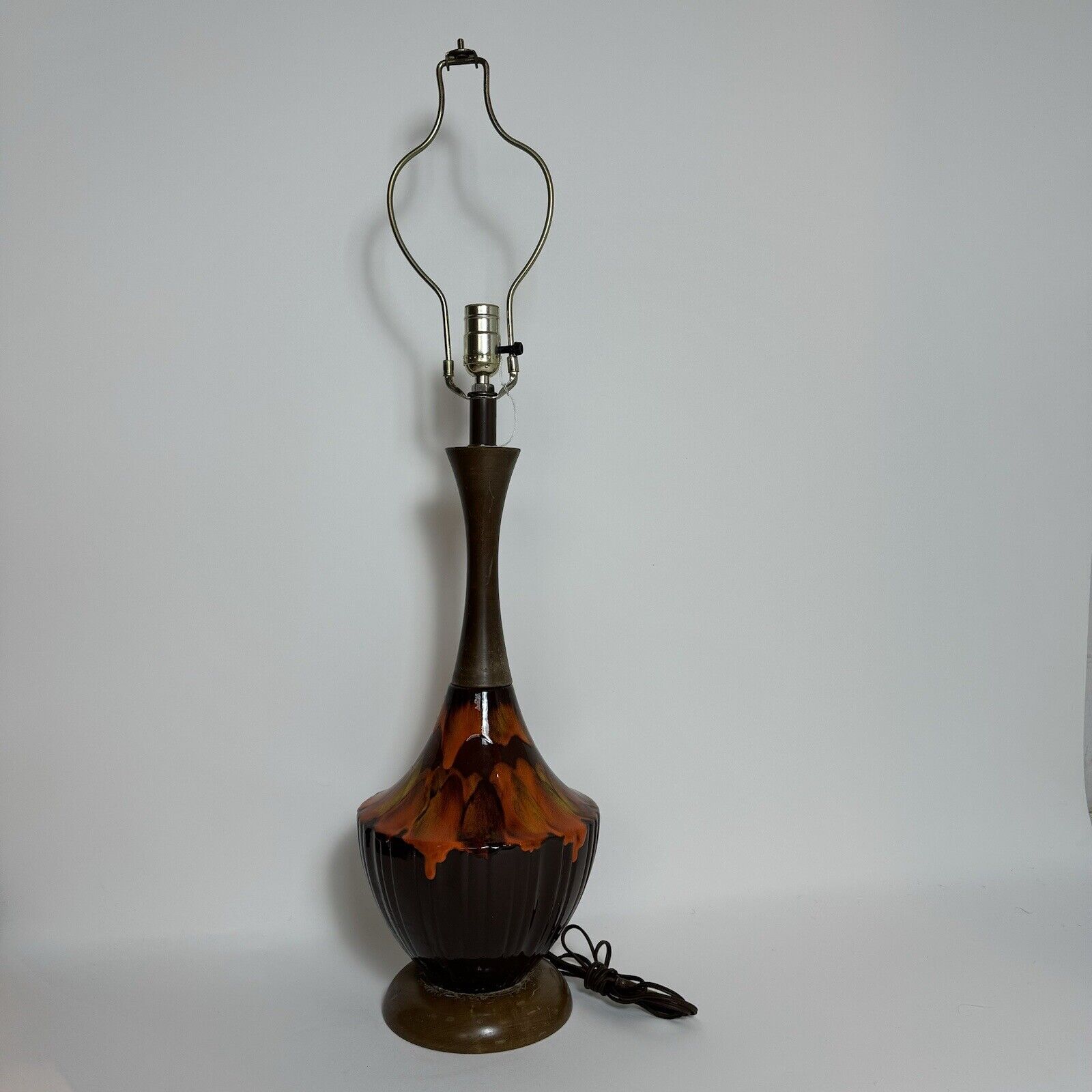 Vtg Mid Century Modern Ceramic Table Lamp Orange Drip Glaze Wood MCM Rare Atomic