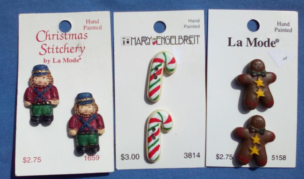 3 SETS HAND PAINTED CHRISTMAS BUTTONS CANDY CANE/VTG NUTCRACKER/GINGERBREAD MAN