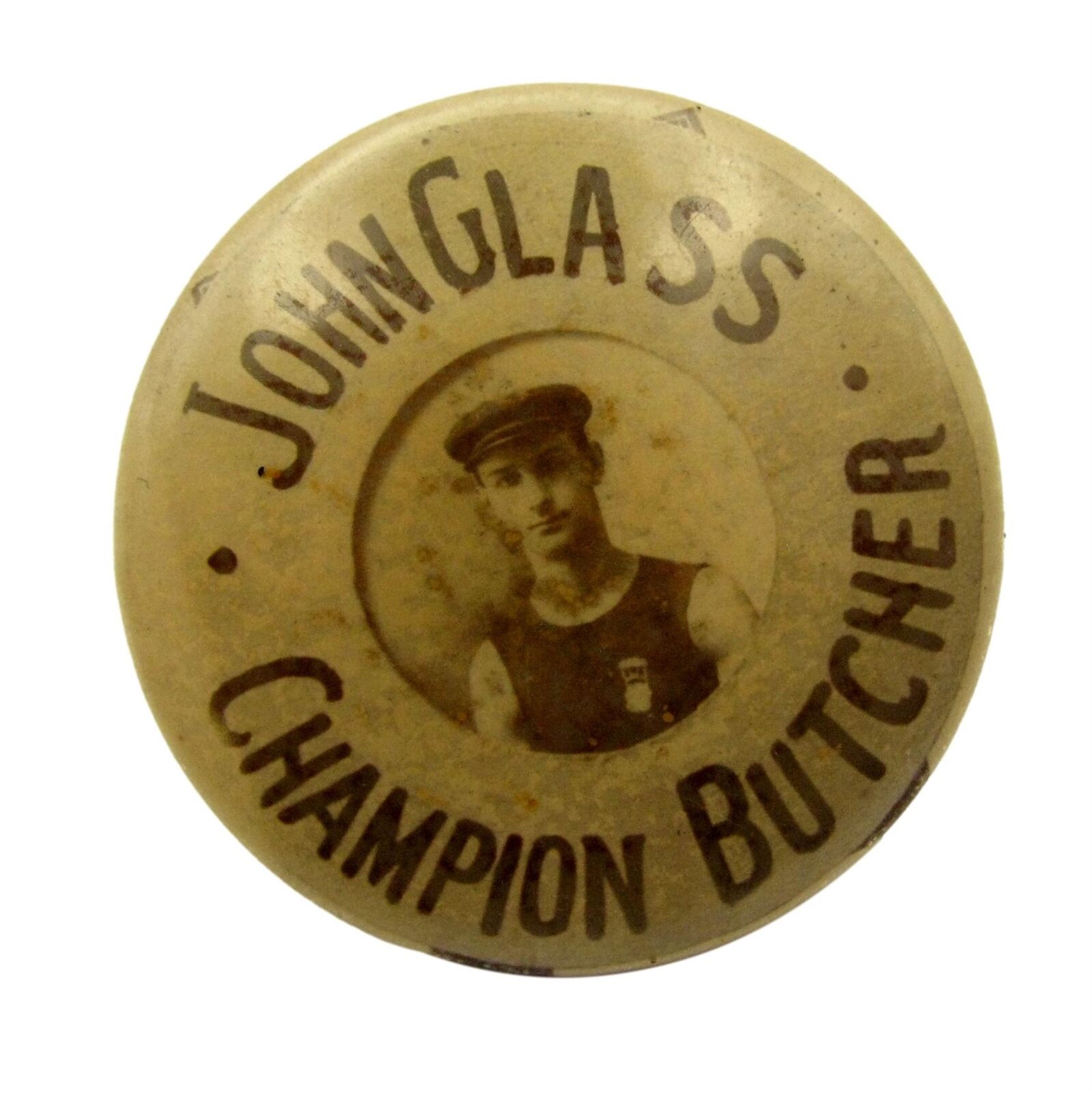 Antique John Glass Champion Butcher Advertising Celluloid Pinback Button Pin