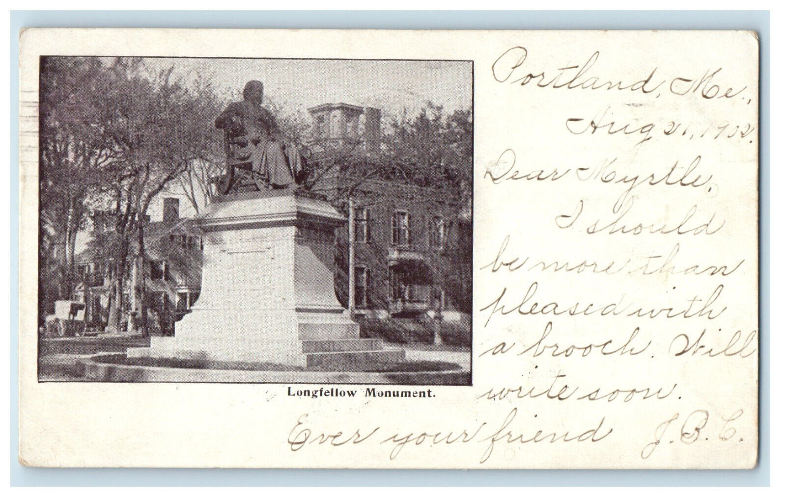 1902 Longfellow Monument Portland Maine ME PMC Antique Posted Postcard