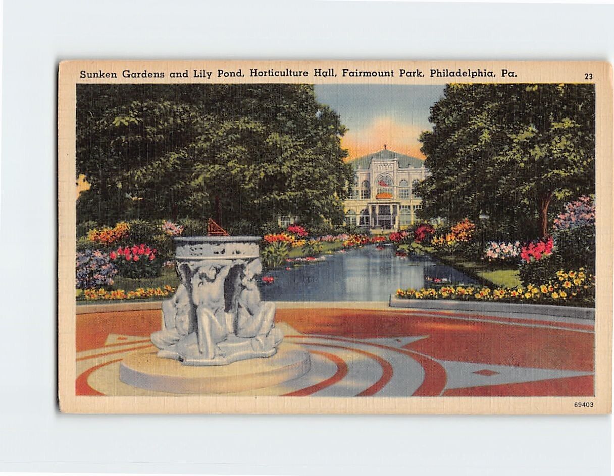 Postcard Sunken Gardens & Lily Pond Horticulture Hall Fairmount Park PA