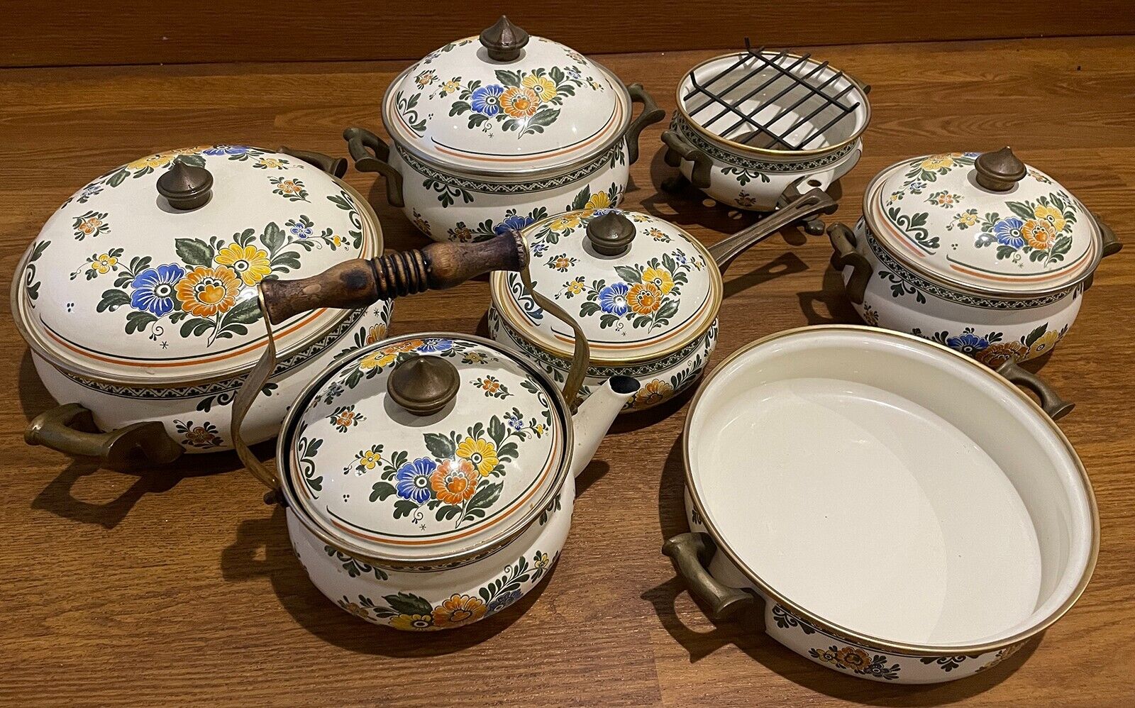 Vintage 12 Piece ASTA Floral Enamel Cookware set ,brass handles