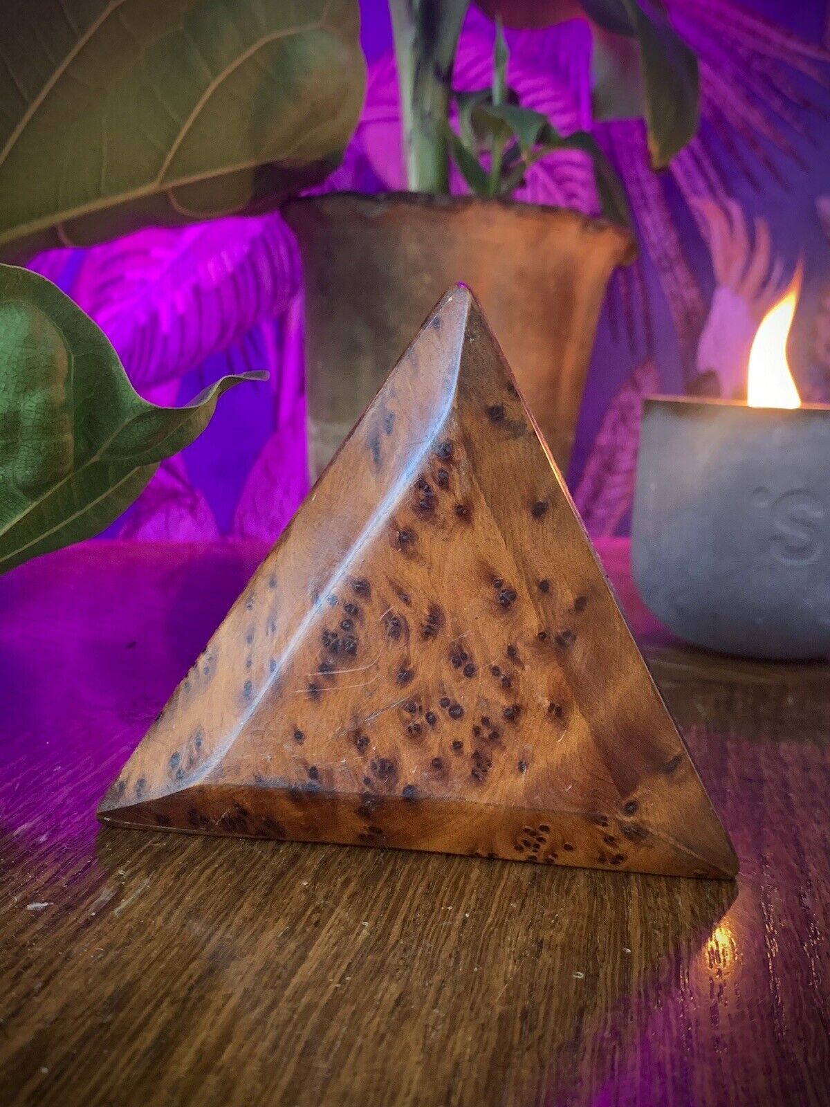 Vintage Triangular Wooden Burl Thuja Jewelry Box