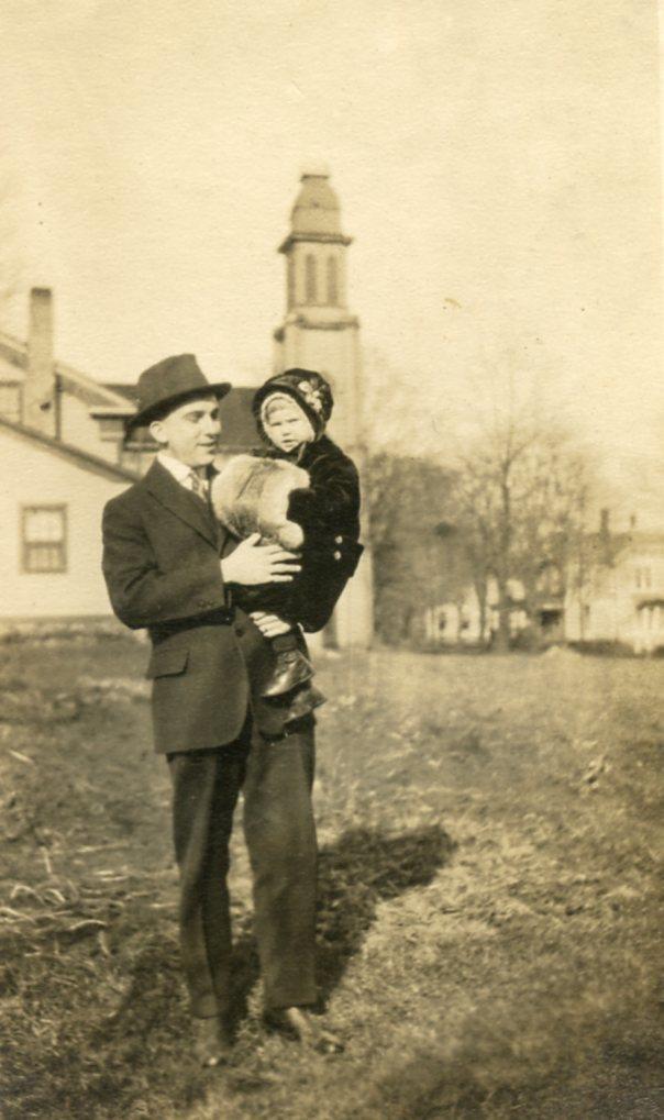 XX649 Vtg Photo MAN CHILD W/ FUR MUFF, CHURCH BELL TOWER c Early 1900\'s