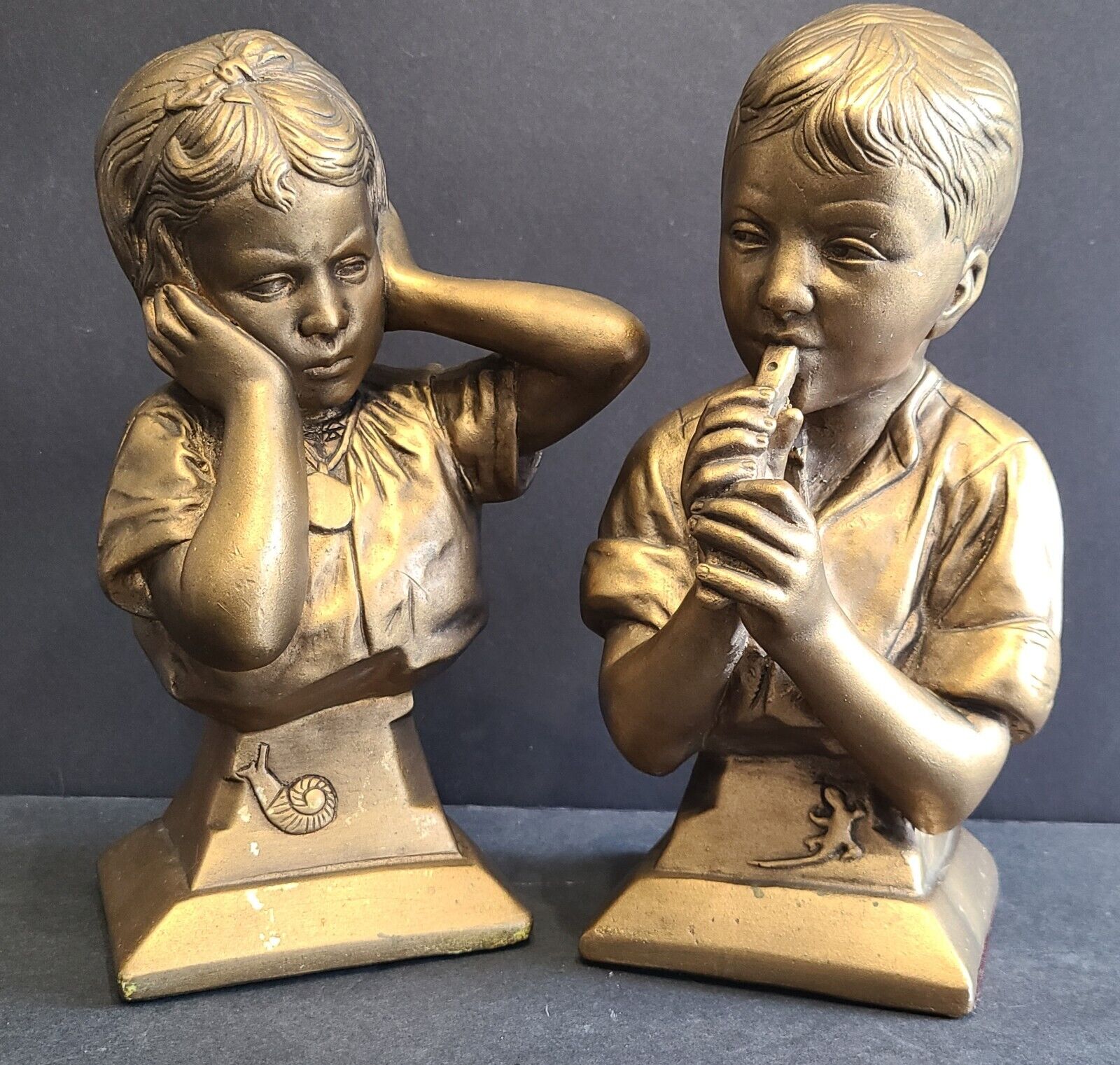 Esco Vintage Chalkware Brother Sister Playing Flute By E. Vilianis Ears Covered