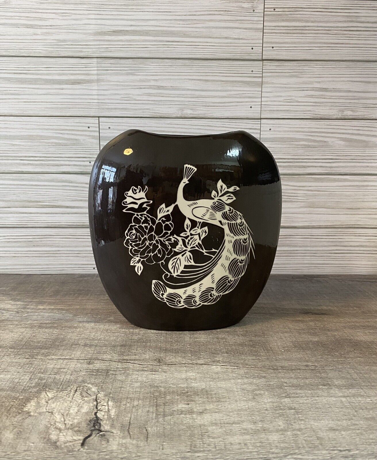 Vintage Brown Peacock Asian Themed Vase