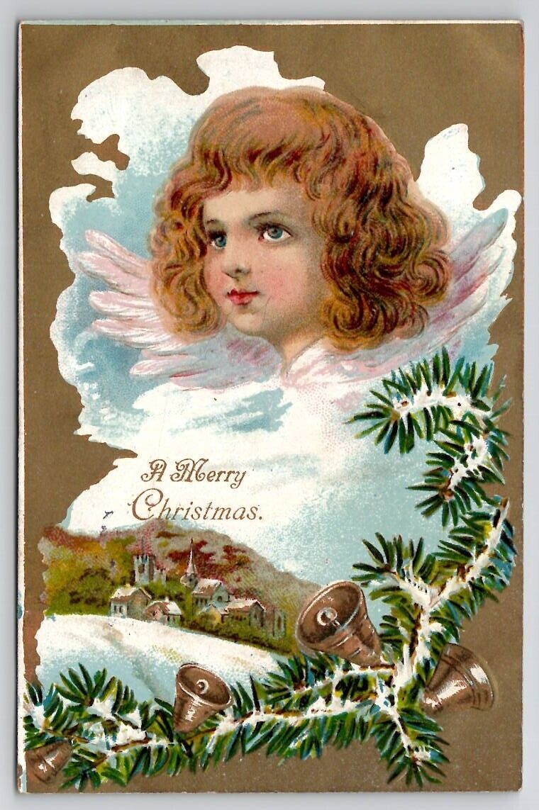 Christmas Child Angel in Sky Church Town Bells 1908 Postcard Z25