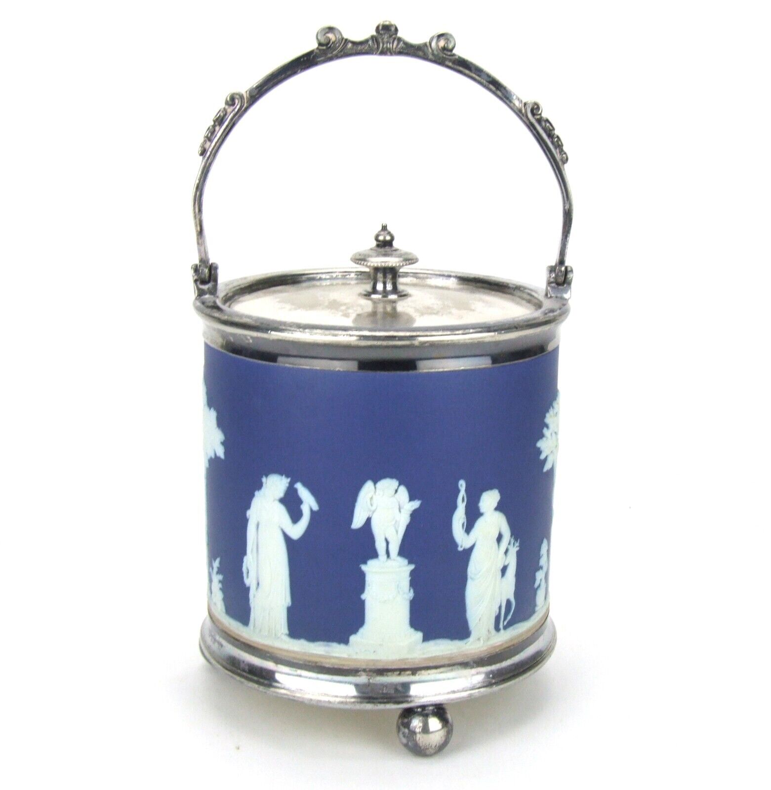 Wedgwood Jasperware Biscuit Jar Silver Lid Handle Base Hallmark Deep Blue