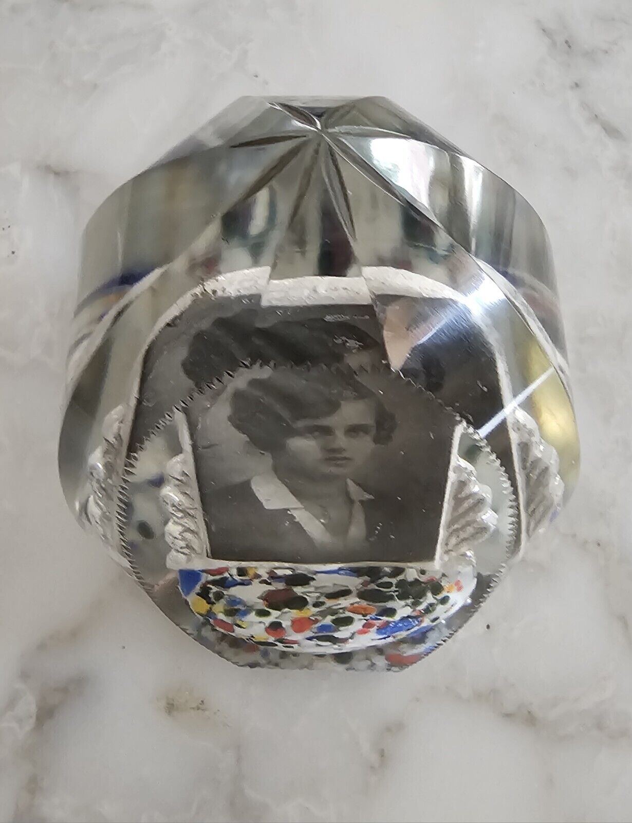 1900s Victorian Era Mourning Photo Encased In Diamondcut Art Crystal Paperweight